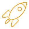 A depicted rocket icon in orange color on checkered background.