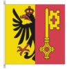 Drapeau du canton suisse de Genève, écartelé, à gauche, en jaune, d'une demi-aigle noire couronnée de rouge, membrée et armée, à la fente, à droite, en rouge, d'une clé d'or à la barbe tournée vers la gauche.