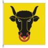 Flag of the Swiss canton of Uri, in yellow a black bull's head with red tongue and red nose ring.
