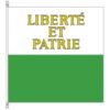 Fahne vom Schweizer Kanton Waadt, von Weiss und Grün geteilt, oben die in drei Zeilen angeordneten Worte «Liberté et Patrie» in goldenen schwarz umränderten Lettern.